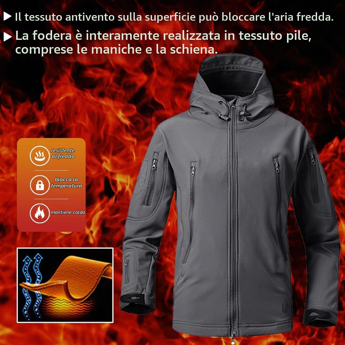 WINKEEY Giacca da Uomo Giacca Softshell con Cappuccio Autunno Invernale Giacca esterna impermeabile e antivento foderata in pile caldo