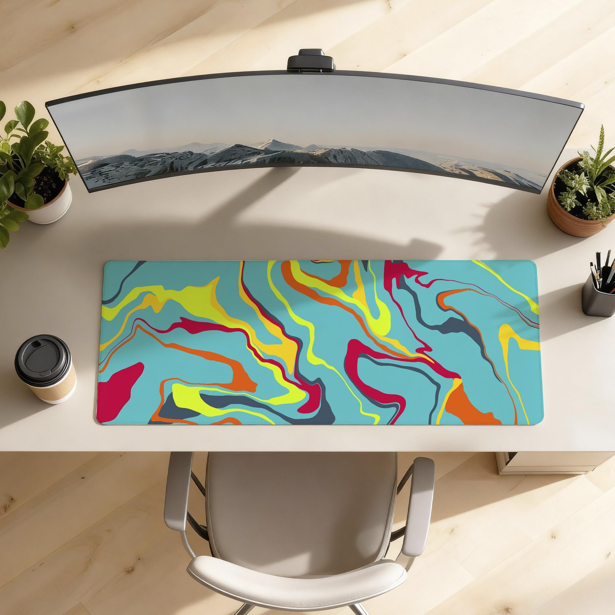 SoulAbiti Cyan Abstract Colorr Surge Extended Desk Pad (36x14 Inch) - Fluid Art XXL Mouse Pad - Non-Slip Rubber Base & Stitched Edges 1