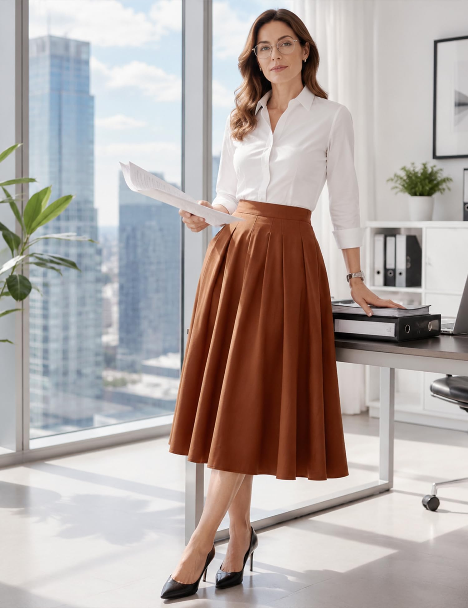 Dressystar Gonna midi plissettata da donna a vita alta con tasche