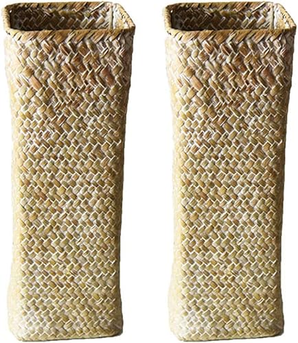 Florero de ratán de 2 piezas, color blanco, hecho a mano, ideal para ramos frescos y flores de seda vegetales