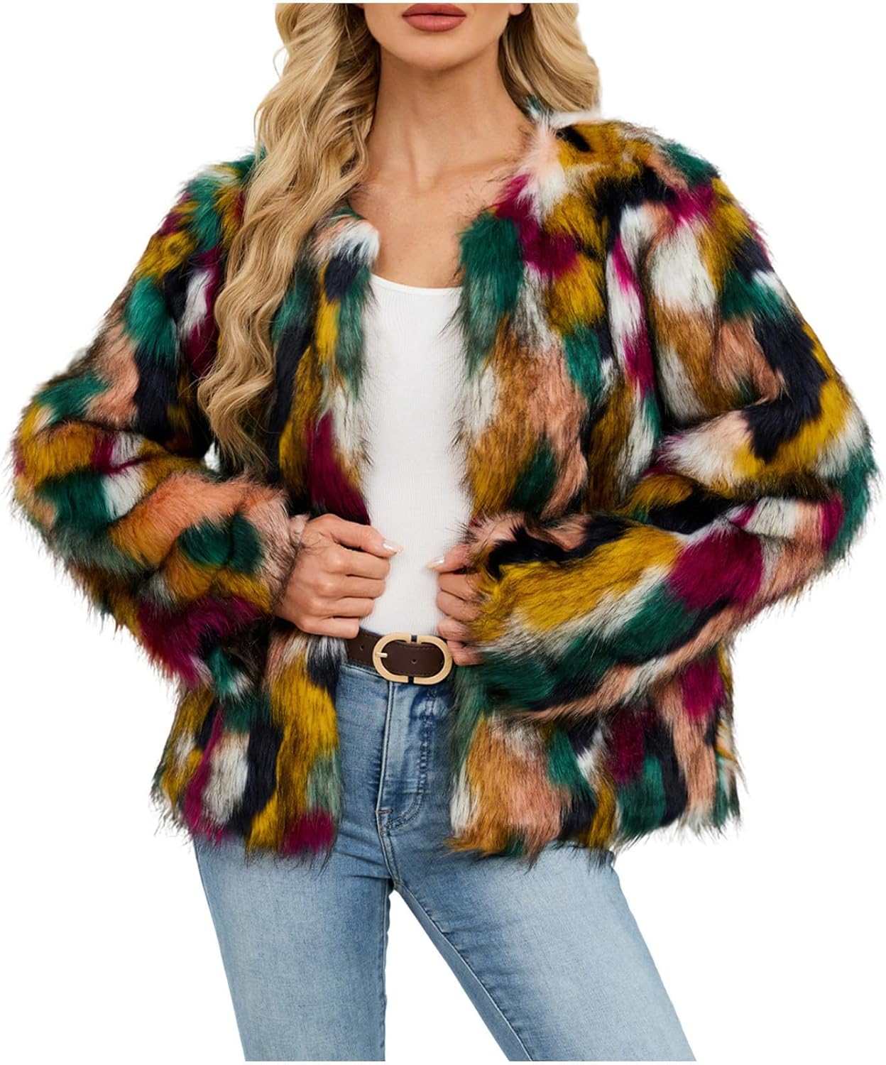 Women's Multicolor Furry Fluffy Faux Fur Coat Trendy Fall Winter Soft Warm Jacket Open Front Outware Shaggy Cardigan - Image 6