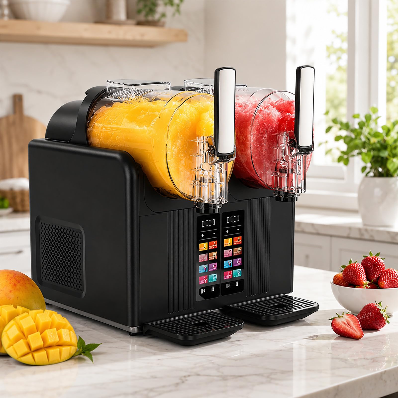 vnmudzeo Double Tank Slush Machine - 140OZ Freeze Drink Maker, Touchscreen, Auto Clean, Adjustable Hardness for Cafes Restaurants Black