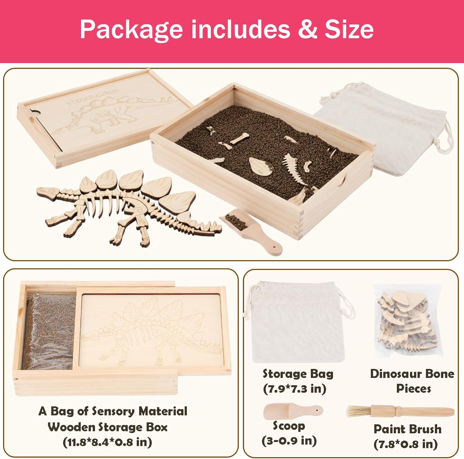 Dino Excavation Archaeology Dig Kit, Fossil Digging Kit for Kids, Dinosaur Skeletons Bones Puzzle Game with Wooden Storage Box, STEM Toys for Boys and Girls (Stegosaurus)