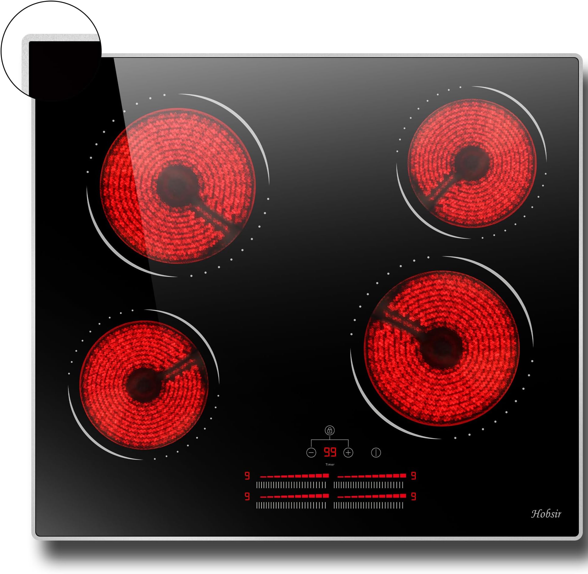 Ceramic Hob 60 cm Hobsir hob Electric Hob 4 Zone with Slide Touch Control 6000W, Glass Protection Metal Frame, Timer & Kid Safety Lock, 9 Power Levels, 220V-240V Hard Wire (No Plug) [Energy Class A+]