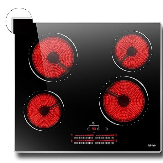 Hobsir 4 Burners Electric Cooktop, 24 inch Radiant Electric Stove Top, Built-in Ceramic Stove Top with Sliding Control, Timer, Safety Lock, 9 Power Levels 6000W, 220V-240V Hard Wire (No Plug)