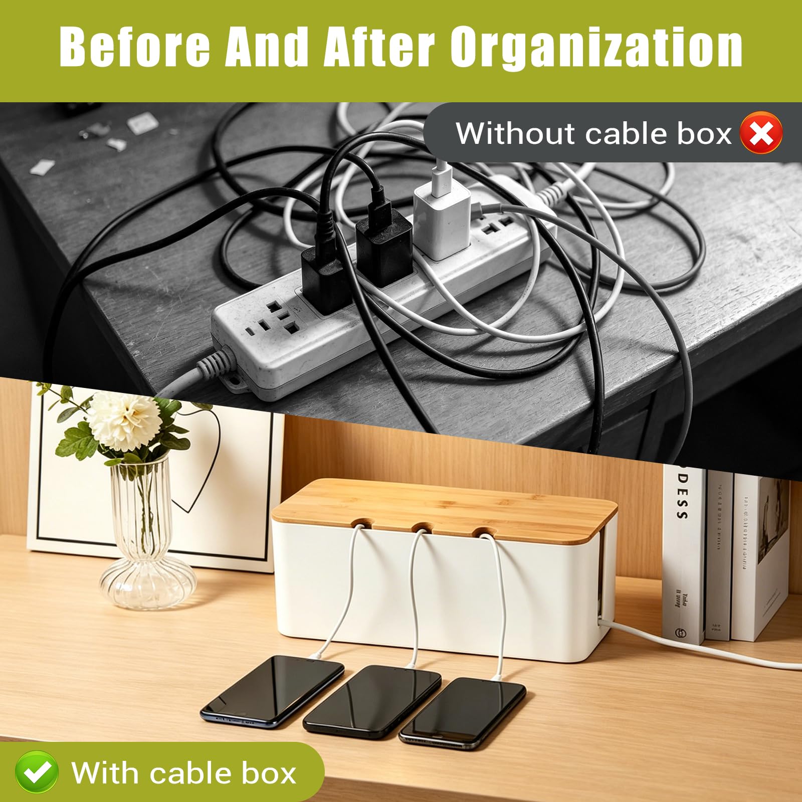 Set da 3 Scatola Porta Cavi, Scatola Nascondi Cavi Organizer per Multipresa, per Scrivania, Prese Elettriche, Casa e Ufficio, Coperchio in Bambù e Design Perforato