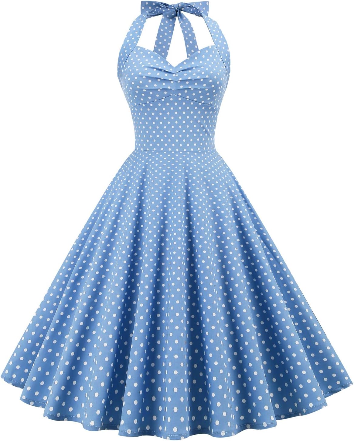 Women's Vintage 1950s Rockabilly Audrey Hepburn Dress, Halter Polka Dot Retro 50s 60s Swing Tea Dress for Wedding, Cocktail Parties
