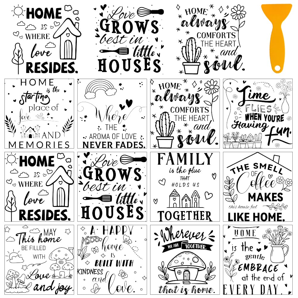 AHANDMAKER 12 Sheets Rustic Home Theme Rub on Transfer Stickers, Plants, Houses and Words Sticker Clings Home Decor Stickers for Family Floral Decor Dresser Glass Porcelain, 5.5x5.5 inches