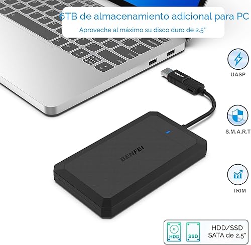 Vista 5 de BENFEI Caja de disco duro externo sin herramientas SATA a USB de 2.5 pulgadas, USB tipo C/tipo A a SATA, compatible con SSD de 2.5 pulgadas