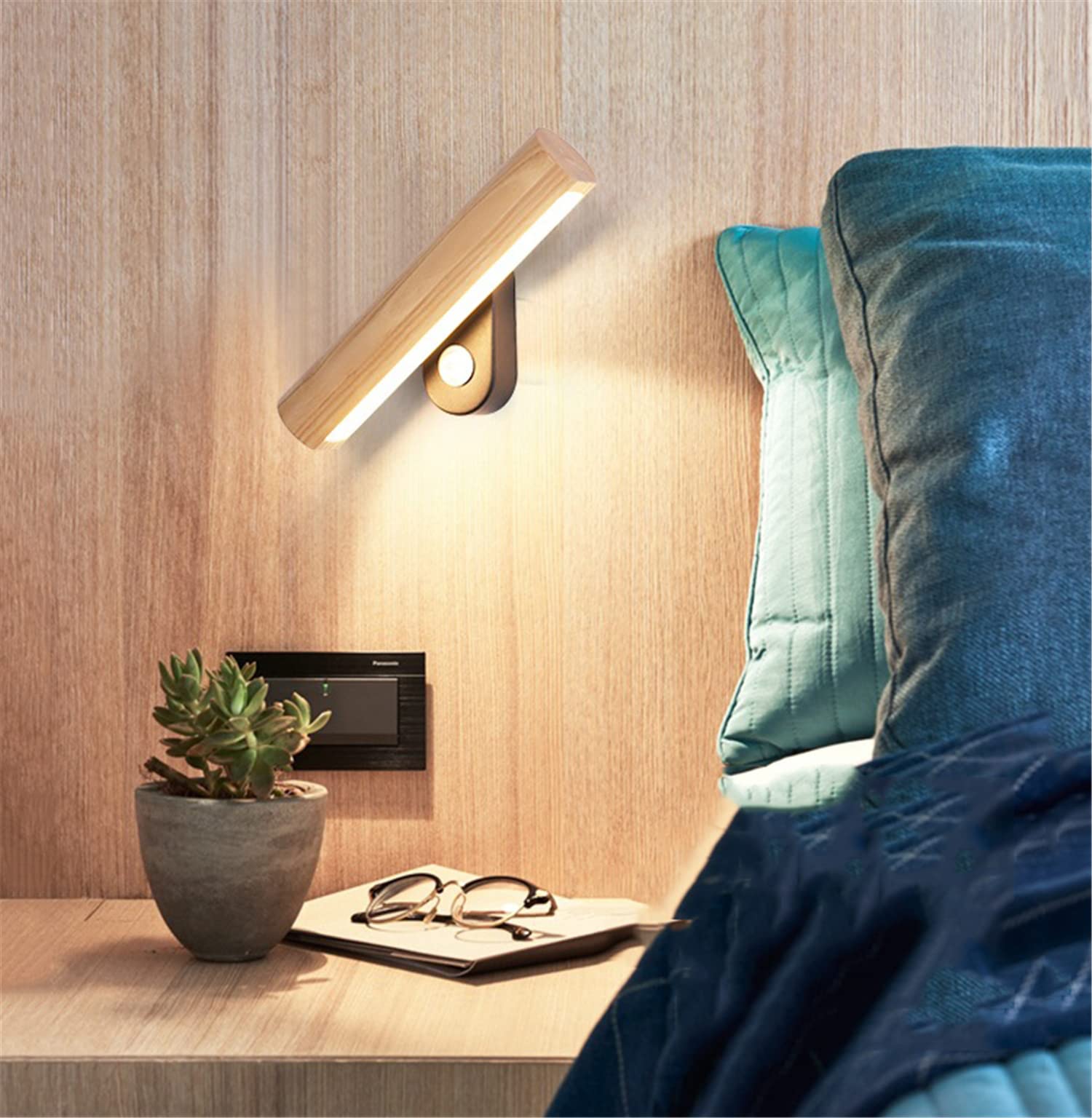 Apliques de Pared, Luces de Noche, luz de Lectura giratoria de 360° de Madera, Apliques de Pared LED, lámpara de Noche con 3 temperaturas de Color, luz de Pared para Dormitorio y s
