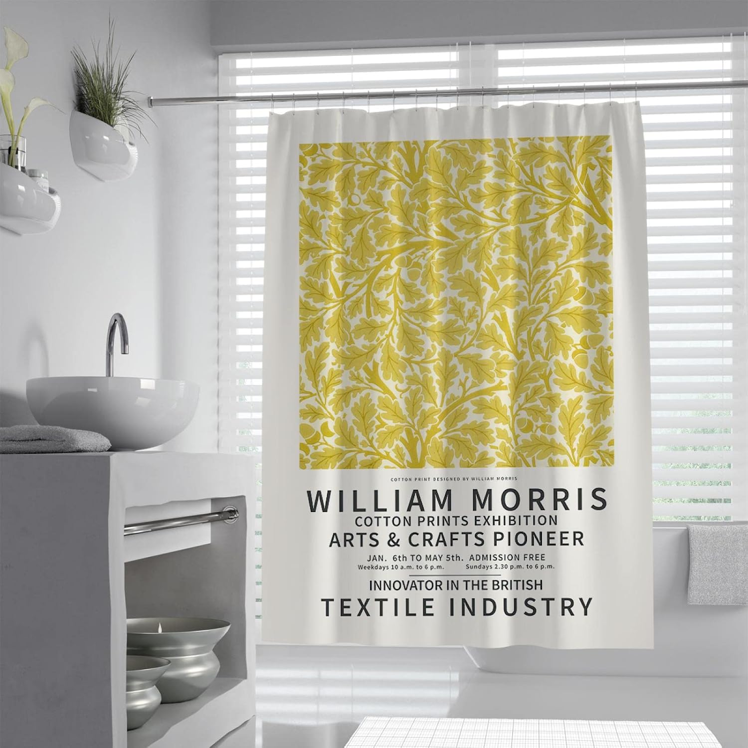 Yellow Shower Curtain Liner William Morris Tropical Plants Bath Curtain with Hooks for Hotel Decor Washable Privacy Bathroom Curtain W60 x L79(in)