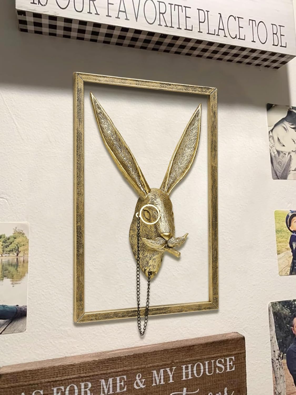 Newinhome Animal Heads Wall Decoration (Gift Metal Frame) Resin Bunny Sculptures Head Wall Hanging Easter Decorations, Gold vintage Wall Statue for Living Room Bedroom Office Decor (Rabbit)