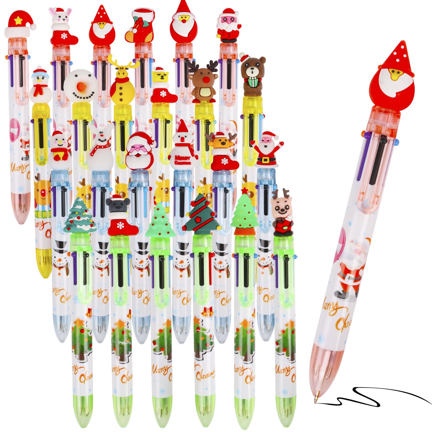 DIYASY 24 Pcs Christmas Multicolored Ballpoint Pens, 6 in 1 Multicolor Retractable Pens Bulk Xmas for Adults Holiday Office Supplies Prize