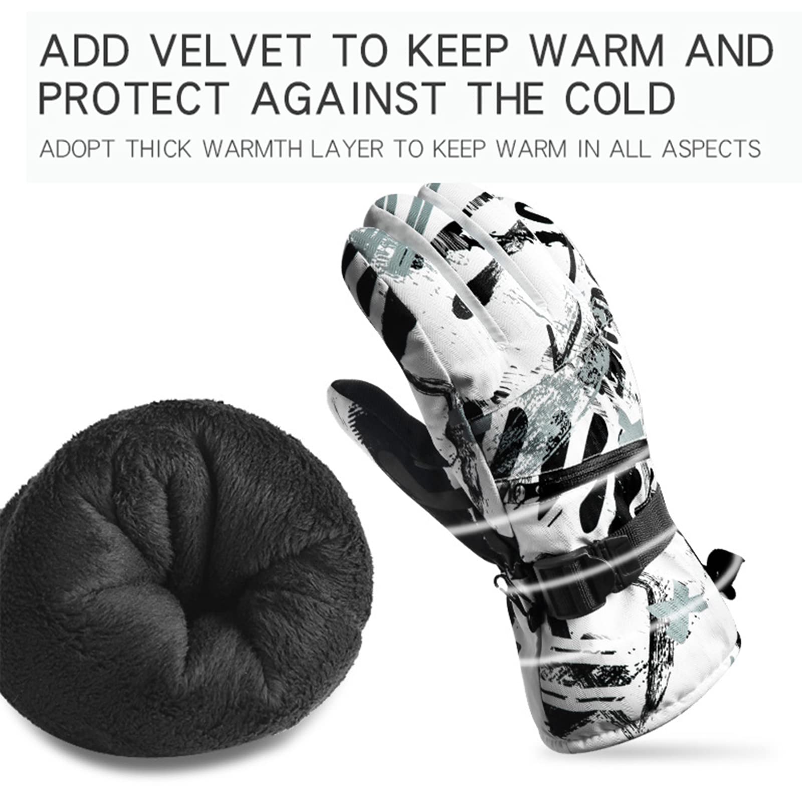 Gants de Ski Chauds Écran Tactile Polaire Snowboard Graffiti Étanche Temps Froid Femmes et Hommes Gants d'hiver