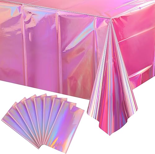 Miniatura 1 de FunnyPars - Paquete de 8 manteles de plástico color rosa iridiscente, manteles rectangulares desechables brillantes con láser, manteles de papel de