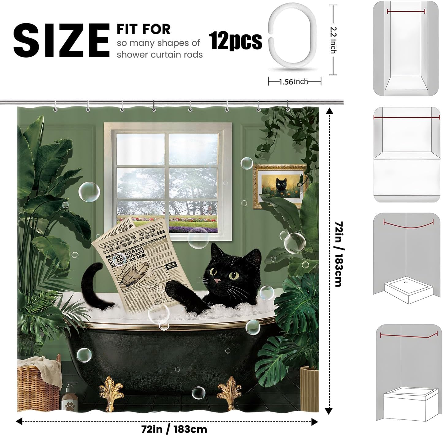Funny Black Cat Shower Curtain Set Animal Hilarious Vintage Tropical Leaves Green Plant Polyester Waterproof Cloth Bathroom Curtain with 12 Hooks 72 X 72 Inches image 2