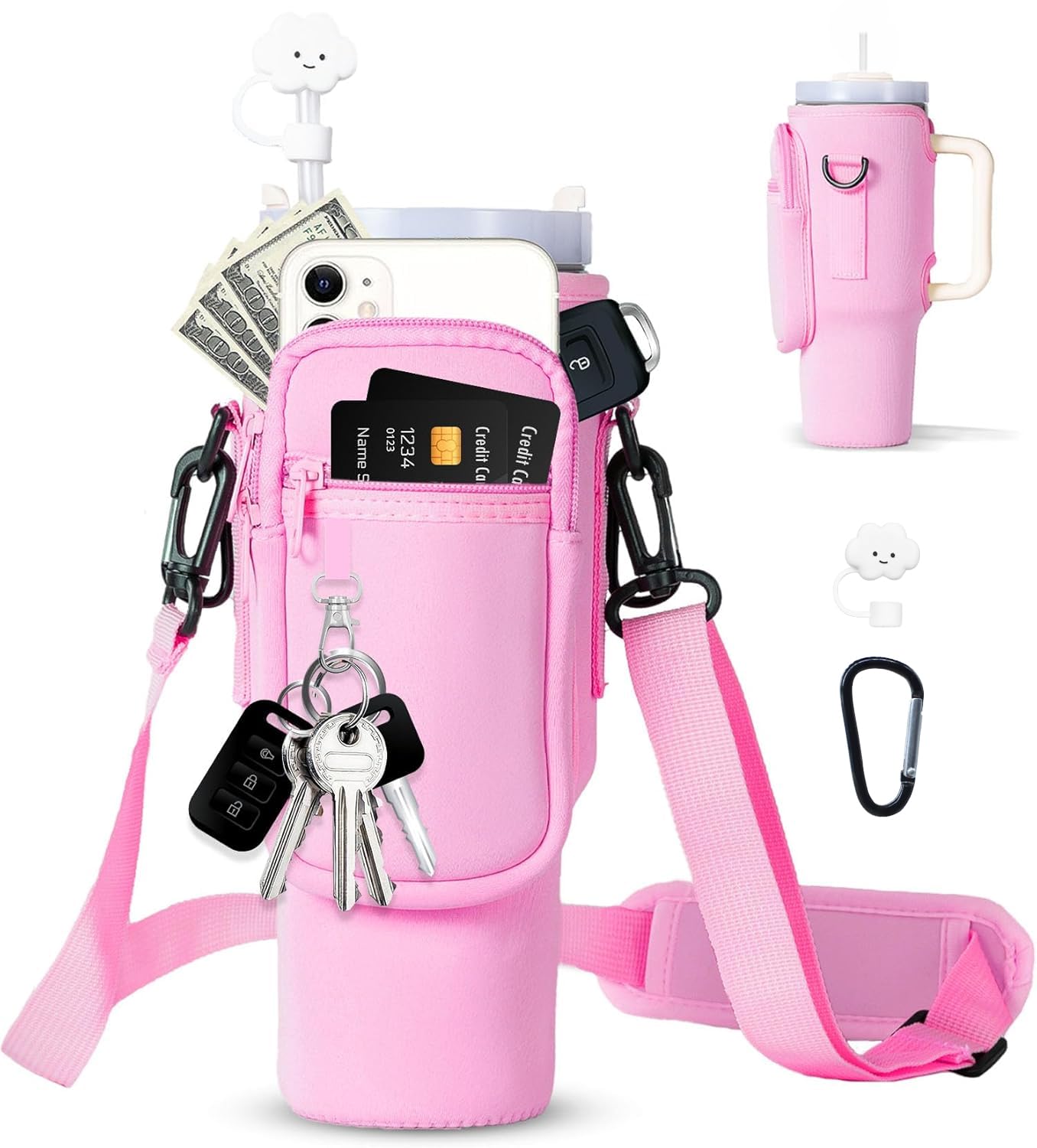 dabria Water Bottle Carrier Bag with Phone Pocket for Stanley 40/30 oz Tumbler Neoprene Water Bottle Holder Pouch with Adjustable Strap Bollus with Straw Cover & Carabiner for Stanley Cup Accessories