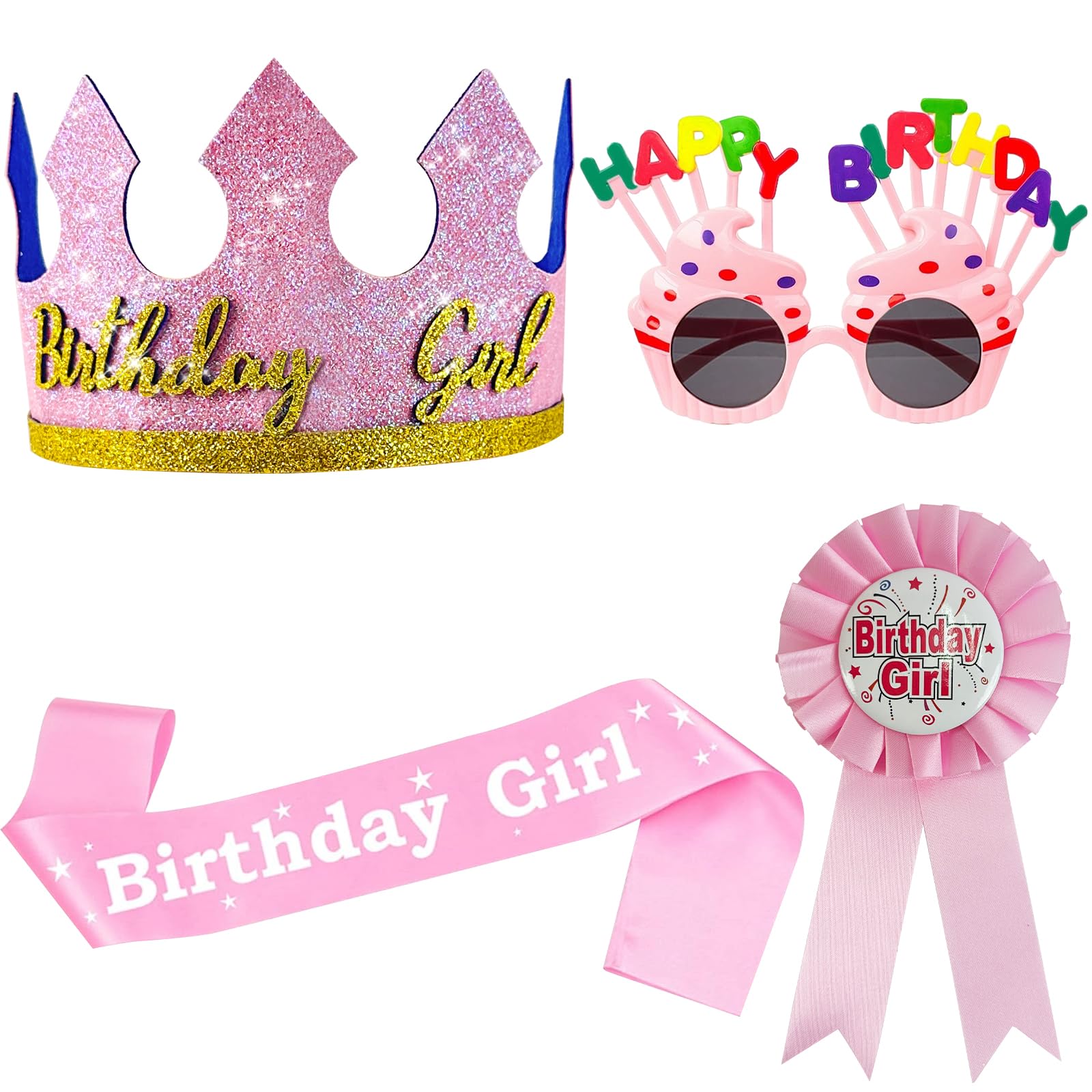 YumSur Birthday Crown Set for Girls, Birthday Girl Badge, King Crown Tiara Ribbon Medal, Personalised Birthday Girls Sash, Birthday Party Dress Up Set for Her, Kids, Adults, Children (Pink 2)