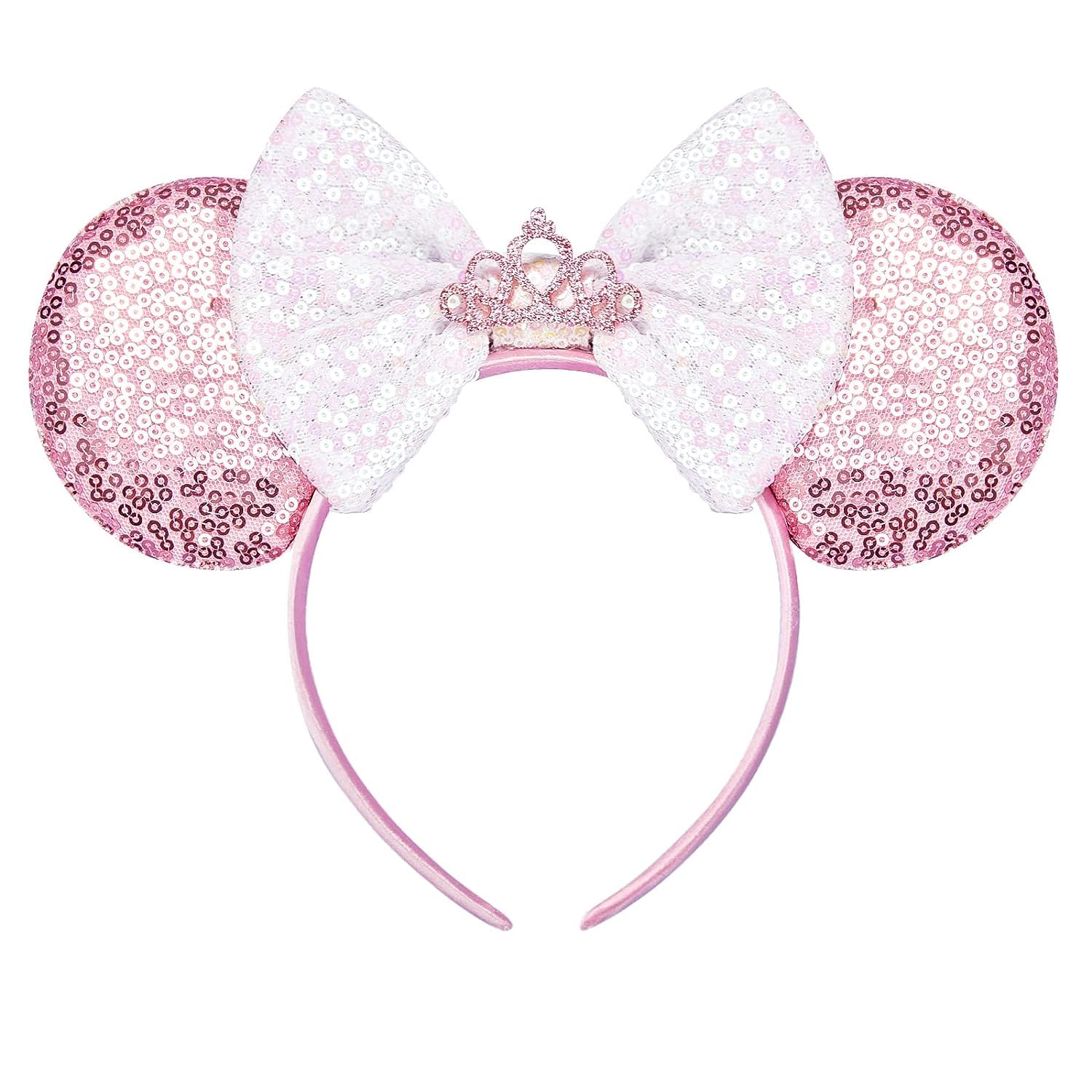 YUNISS Oreilles de Souris Bandeaux, Noeud à Paillettes Bandeaux pour Filles et Femmes (Rose - Couronne)
