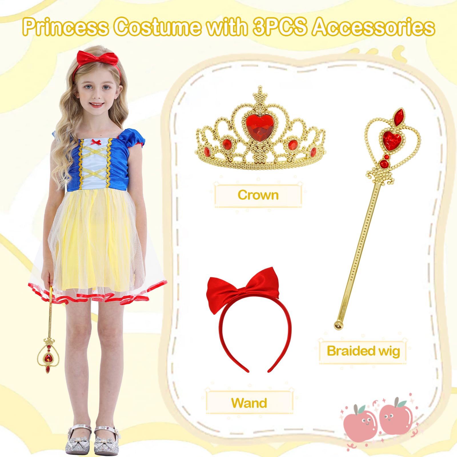 Berich Princess Costume Kids with 3PCS Princess Costumes for Girls Halloween Outfit Christmas Gifts World Book Day Costumes Week Dressing up Kids Dress 4-5 Years(Yellow,130) - Image 3