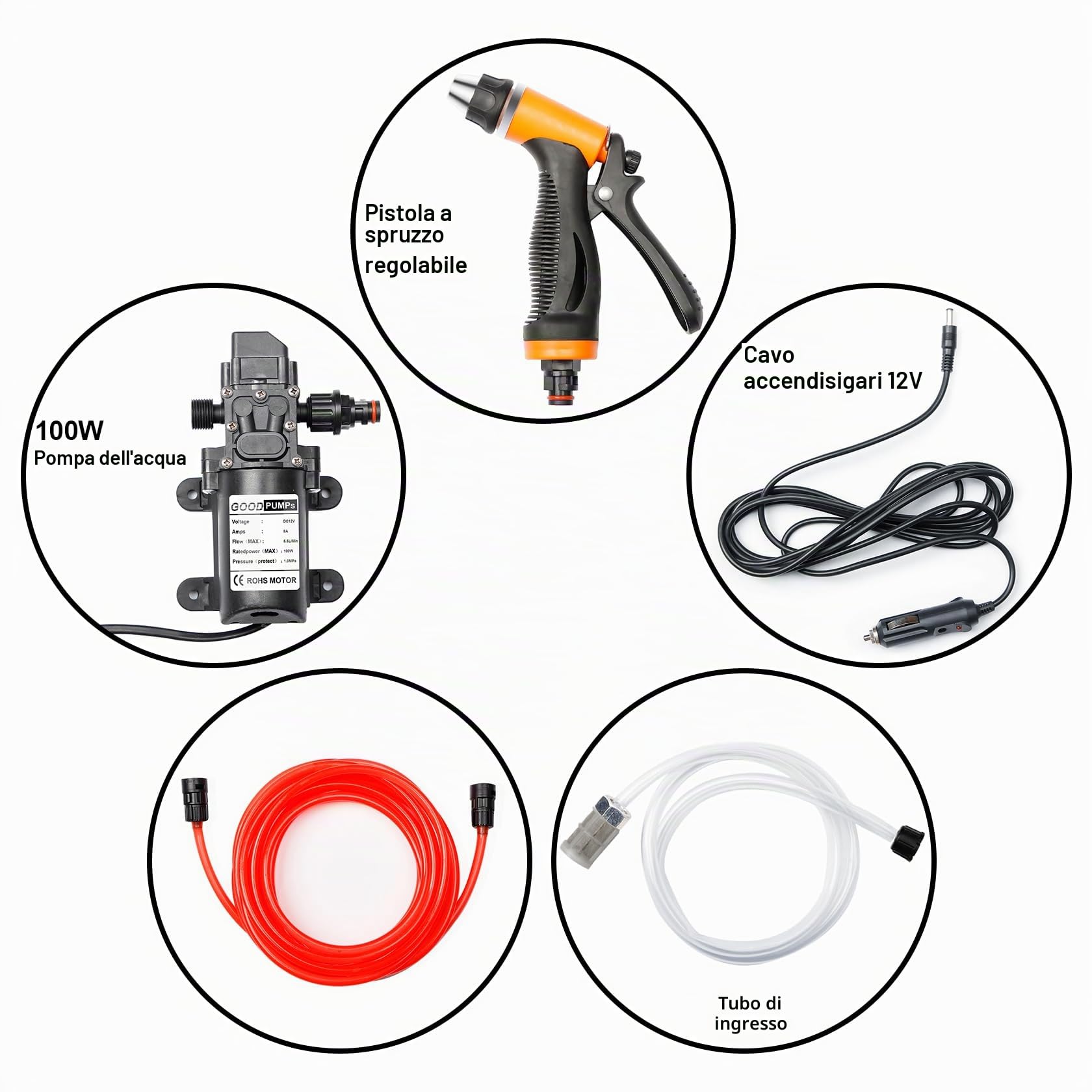 Pindex Pompa Acqua 12 V Autoadescante con Pistola a Spruzzo d'Acqua 100 W, Pompa a Membrana 12 V Per Camper, Campeggio, Barca, Roulotte, Pulizia Auto