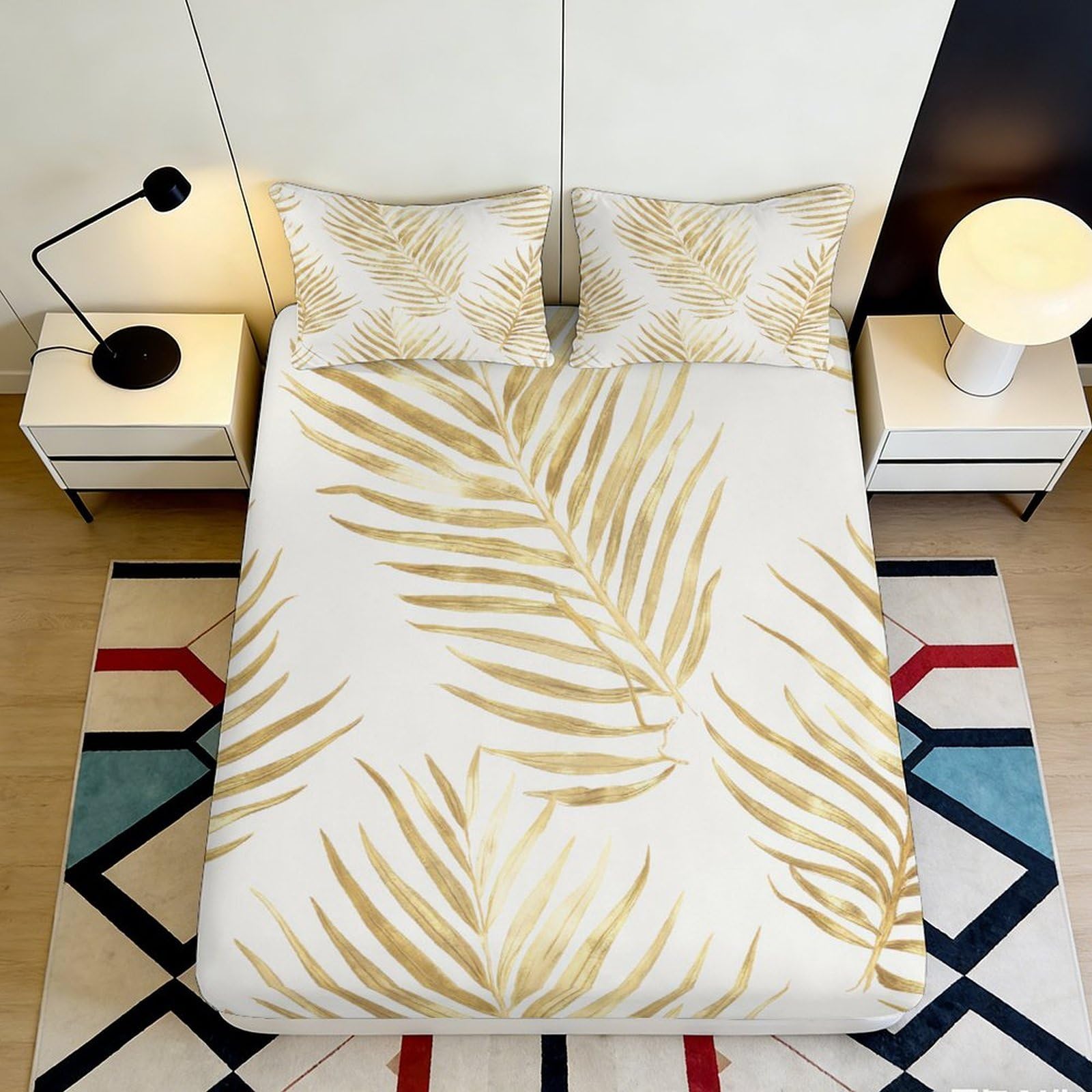3D Printed Golden Palm Leaf Fitted Sheet Microfiber Non Slip Bed Cover Machine Washable for Bedroom Guest Room Decor 160x200x25cm