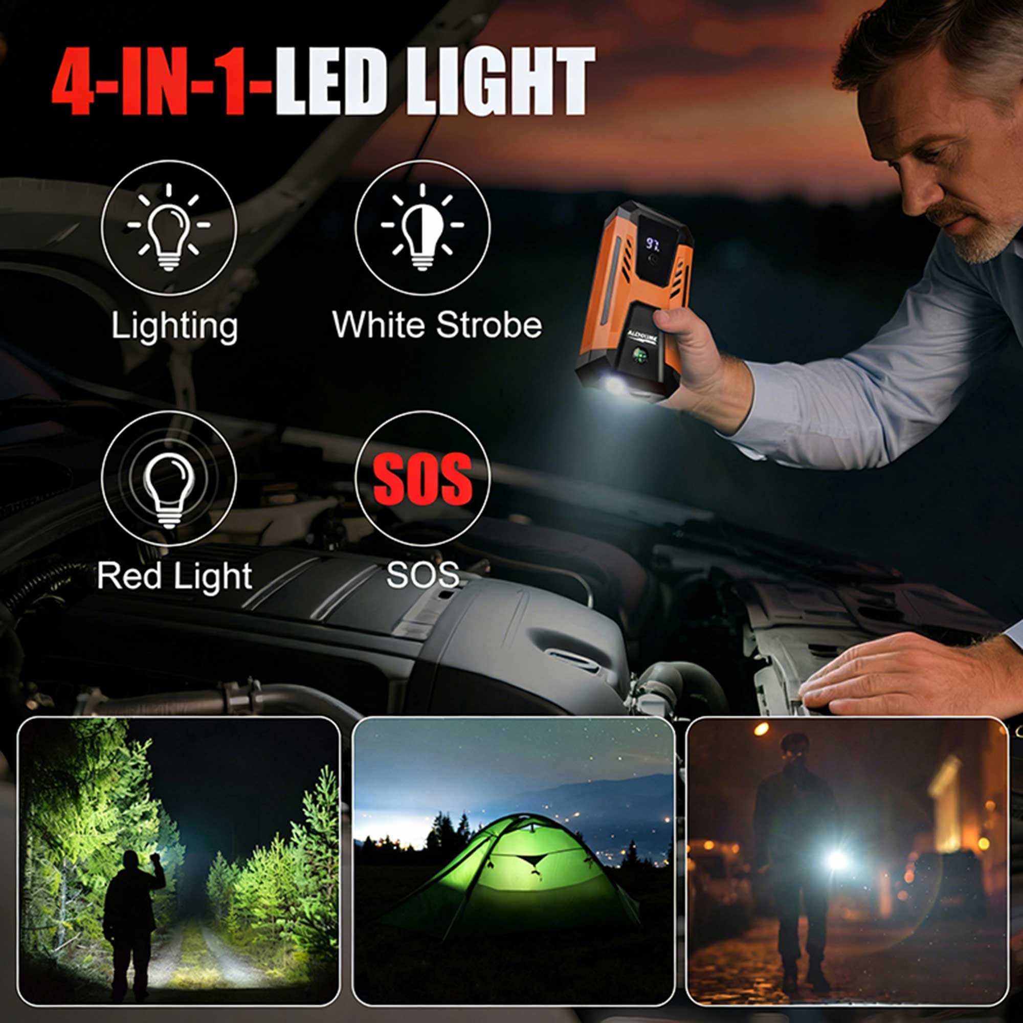 Jump Starter Power Pack, 3000A Portable Car Battery Booster Jump Starter for 12V Vehicles and Motorcycles, Portable charger with display screen and 20V fast charging, 4-mode LED lights - 3