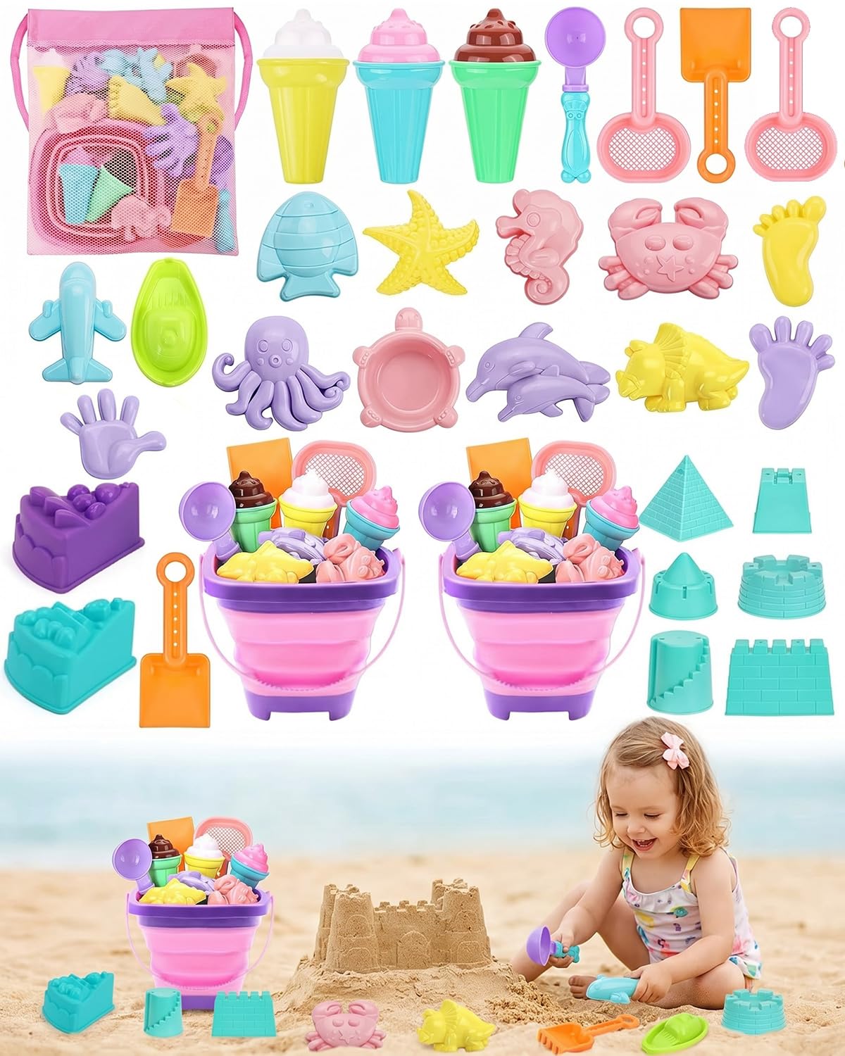 Beach Sand Toys for Kids 31 PCS Sand Bucket and Spade Beach Set, Sand Toys with Shovels, Sea Animal Molds and Mesh Backpack Bag, Outdoor Sandbox Toys for Toddlers Boys Girls Age 3 4 5, Pink