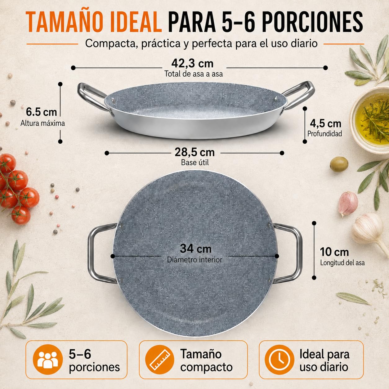 TEHORNEO Paellera Induccion, Paellera 34 cm de Antiadherente 5-6 raciones, Paella Induccion, Paella 34 cm Compatible con Inducción, Vitrocerámica, Gas y Electrica, Paelleras Grandes