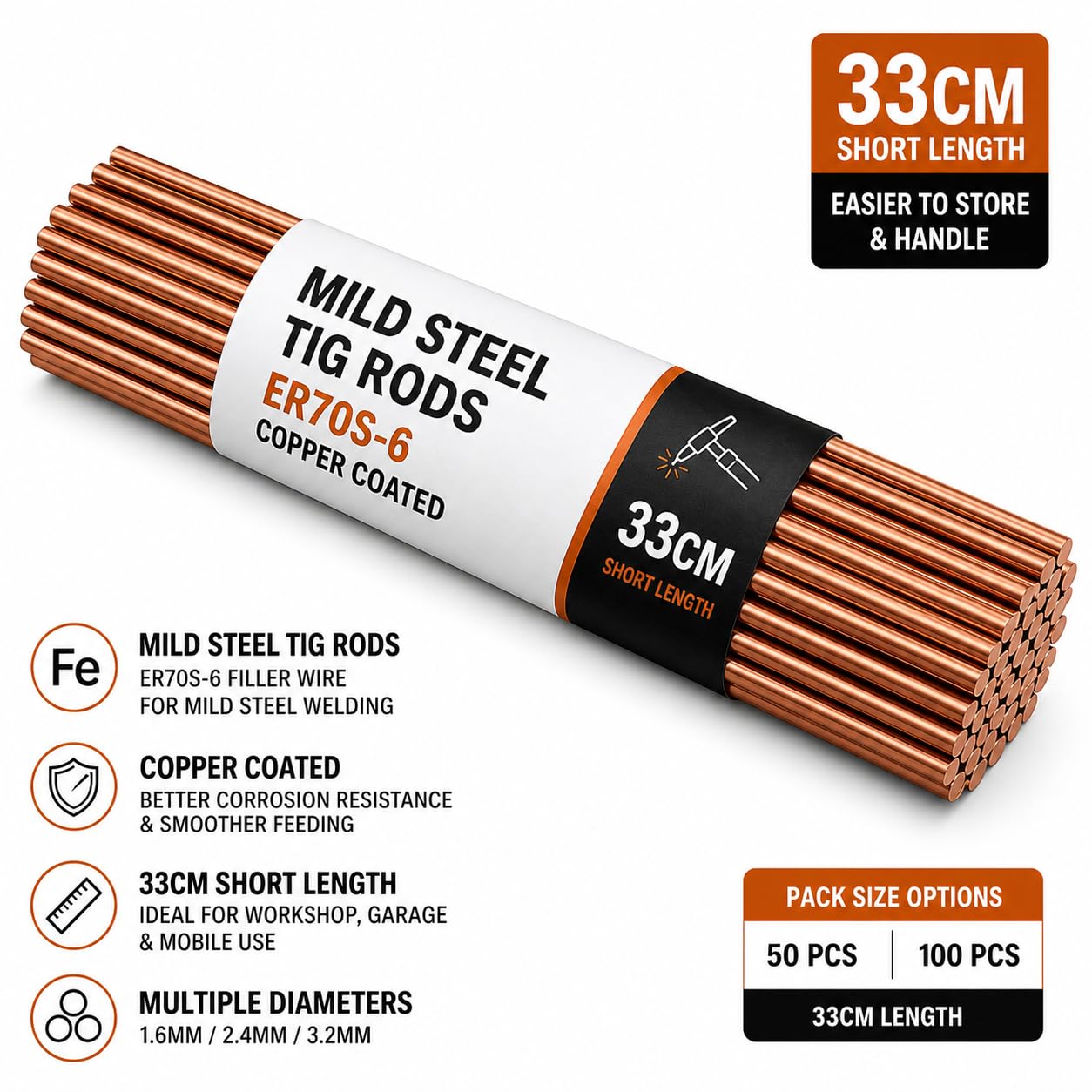 aste di riempimento in acciaio dolce per saldatura TIG, 1,6 mm, 2,4 mm, 3,2 mm, CCMS, lunghezza corta 33 cm, rivestita in rame (100, 2,4 mm)