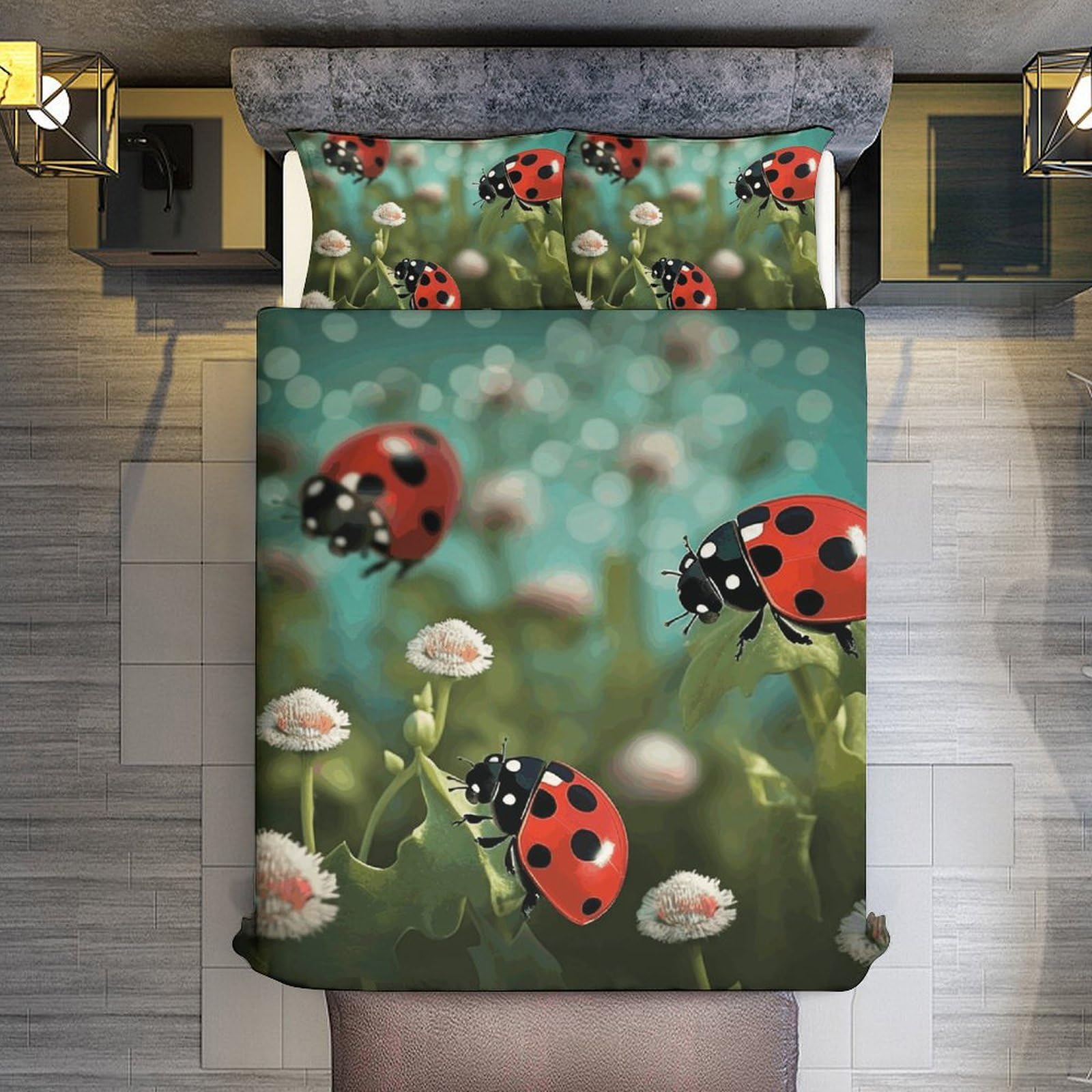 Set di biancheria da letto 3 pezzi, ultra morbido, con copriletto con paesaggio coccinella + 2 federe, leggero copripiumino double-face per casa/hotel/regali, 259 x 228,6 cm