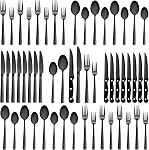 24-Piece Ensemble d'argenterie en acier inoxydable noir - CEKEE Ensemble de couverts pour ustensiles de cuisine plats pour la maison & Restaurant, Cuillère de fourche à couteaux premium avec couteaux à steak, service lourd & Lave-vaisselle sans danger