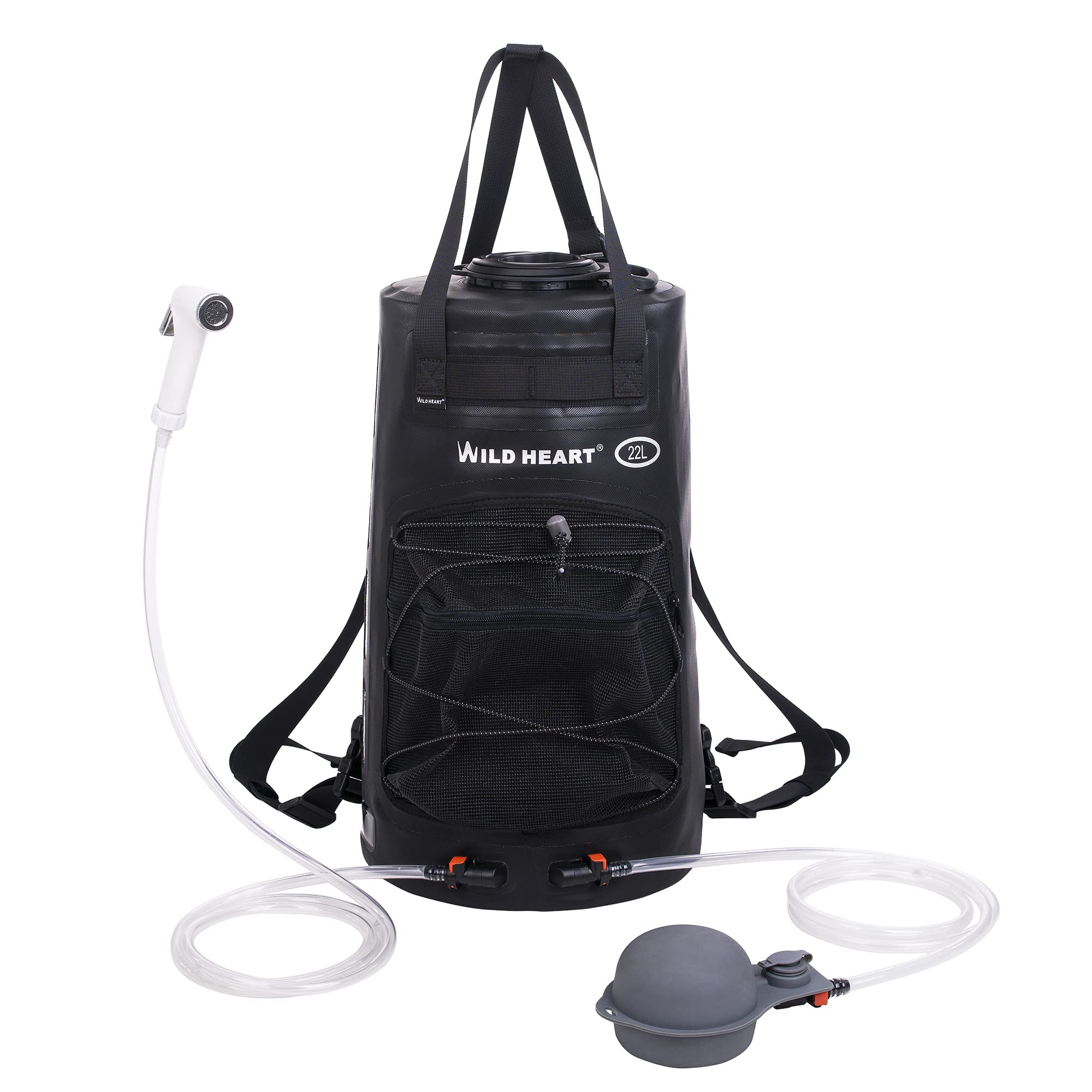 WILD HEART Ducha Portatil Camping 5.8 Galones/22L Duchas Solar con Ventana de Nivel de Agua, Bomba de Pie a Presión, y Boquilla Práctica, Ducha Camper para Playa Camping Viaje de Senderismo