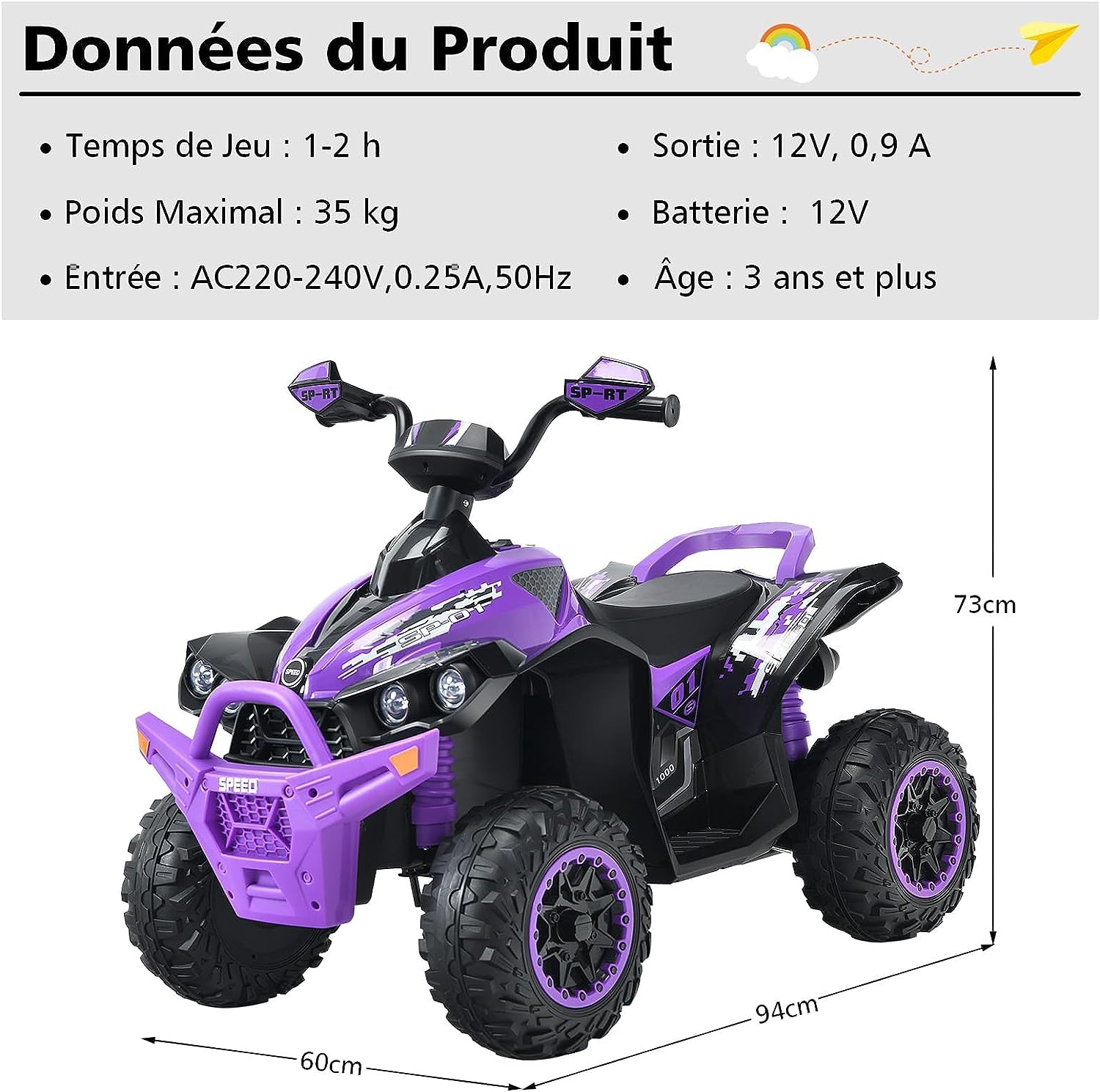 GOPLUS Quad 4x4 Électrique avec 2 Vitesses Réglables, Voiture Électrique Enfant 1 Place avec Lumières LED & Musique, pour Tout-Petit 3-8 Ans (Violet)