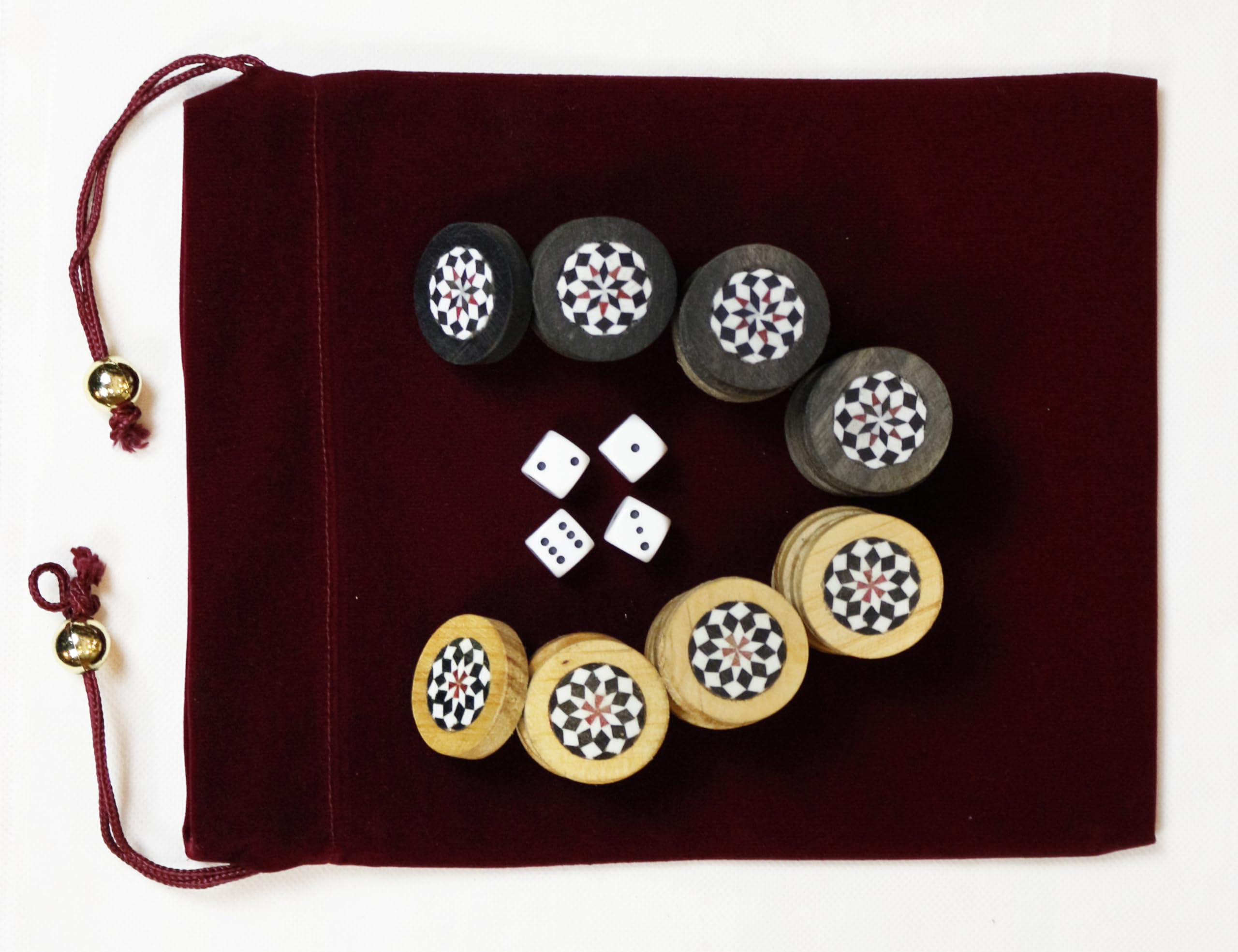 Backgammon DAMA - Pietre a mosaico in legno, realizzate a mano, 30 pezzi, con 4 pietre cubi (diametro 33 mm)