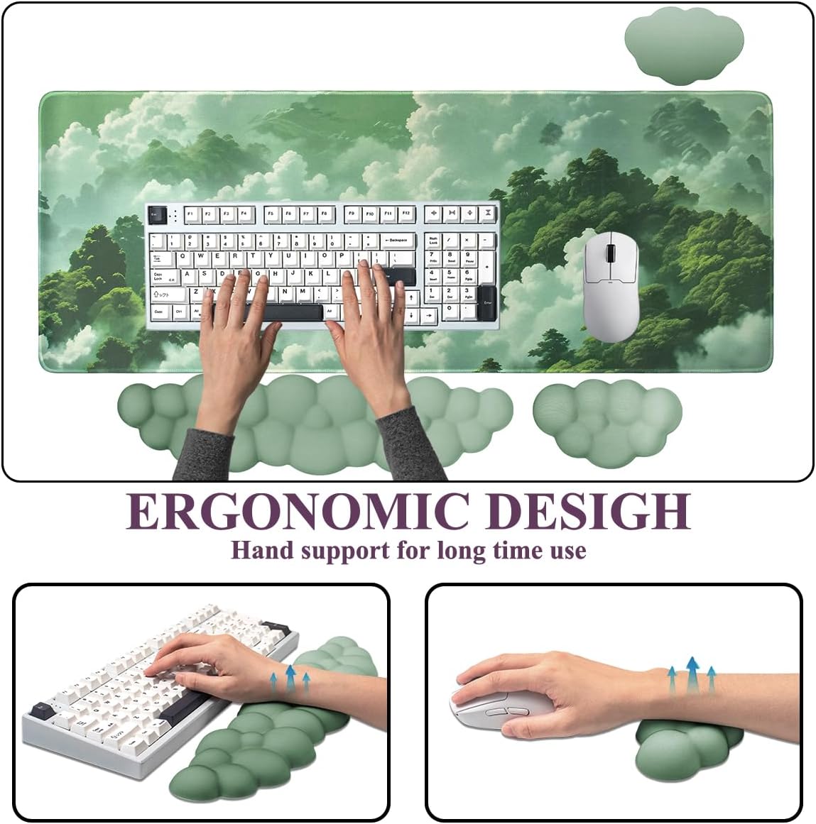 Gaming Desk Mat with Keyboard Wrist Rest Set, 4 in 1 Large Mouse Pad & Cloud Keyboard Wrist Rest& Mouse Wrist Rest&Coaster, Comfort and Support for Typing and Gaming（Green