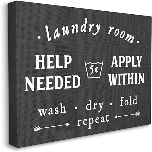 Stupell Industries Letrero vintage de Help Wanted Lavandería en blanco y negro, diseñado por arte de pared en lienzo con letras y forrados, 16 x 20