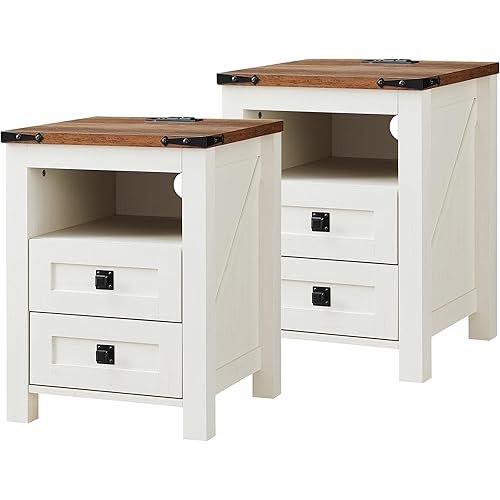 T4TREAM Farmhouse Nightstand Set of 2 with Charging Station, Rustic End Table with 2 Drawers, Storage Open Shelf for Bedroom, Living Room, Wood Side Table, Antique White