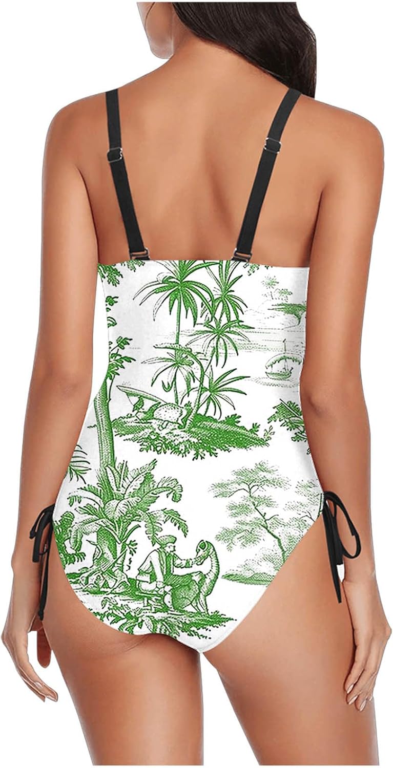 Women's Graphic One Piece Swimsuits Vintage Tummy Control Slimming Bathing Suit Square Neck Full Coverage Swimwear