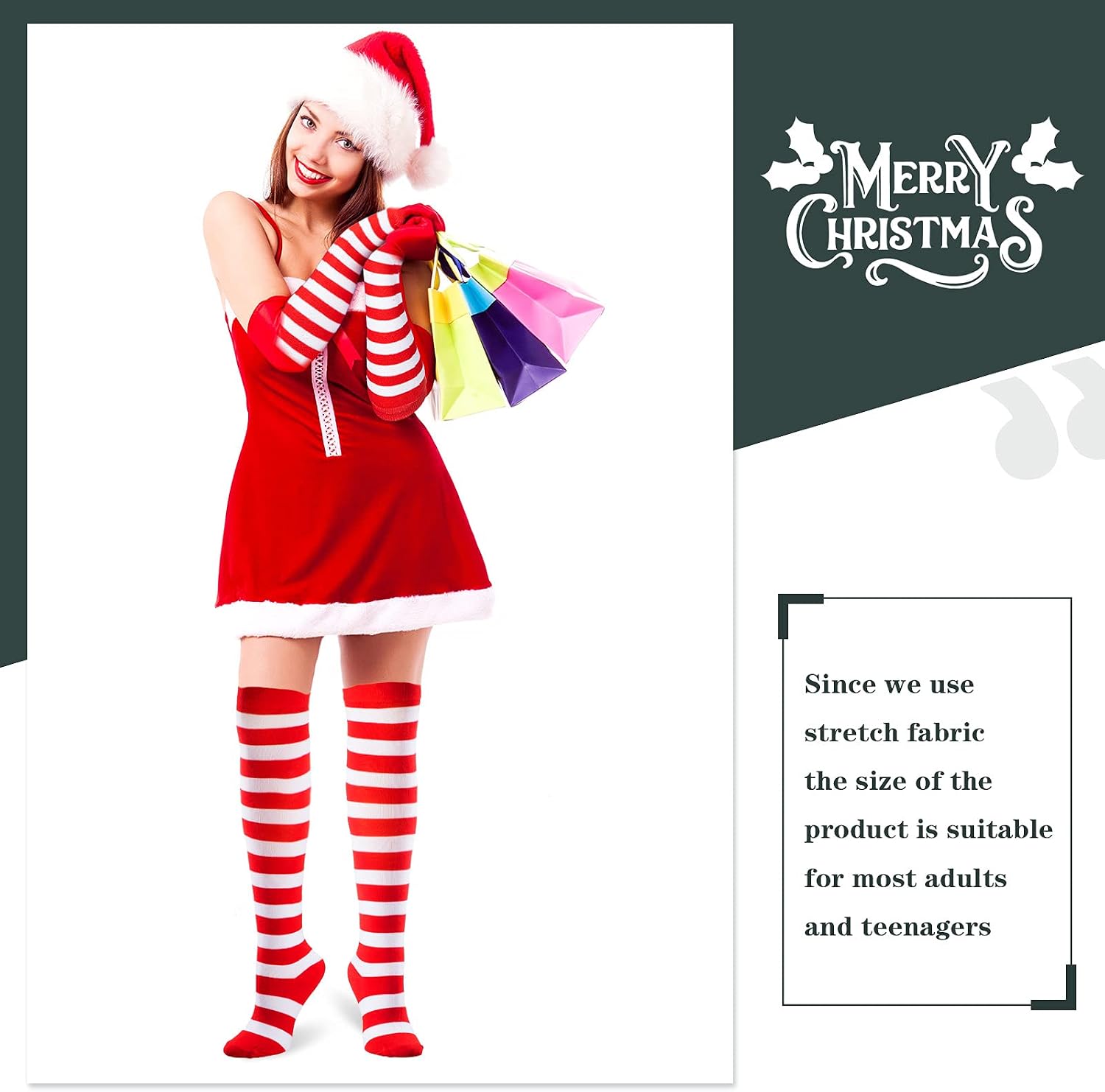 6 Pair Red and White Striped Socks and Gloves Candy Cane Thigh Knee High Stockings and Long Arm Warmer Gloves for Christmas Girls Women Cheerleading Sports Party Costume Accessories