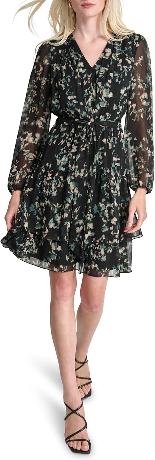 DKNY Womens Long Balloon Sleeve V-Neck Mini Ruffle Hem Belted Dress - Image 2