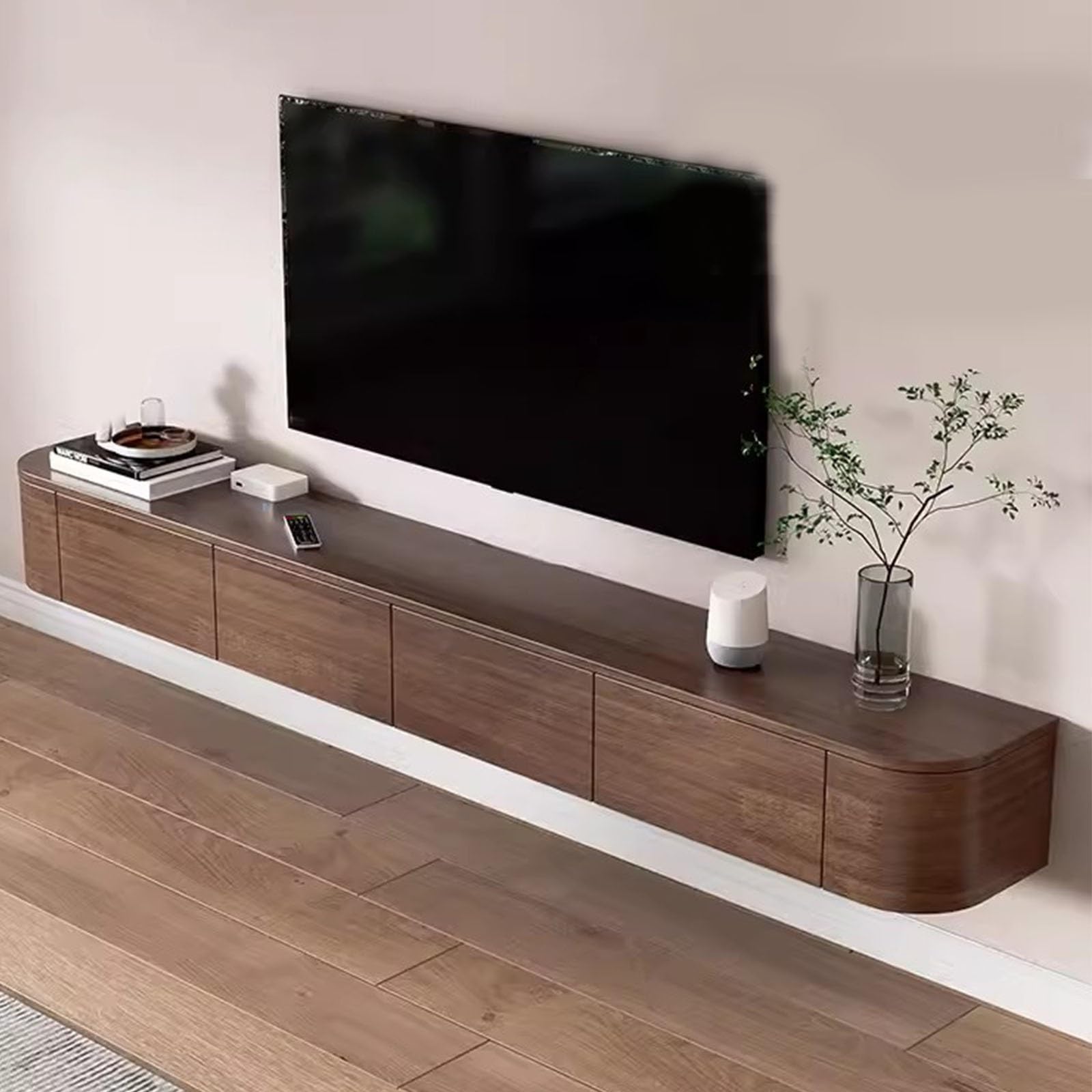 Moderner, schwebender TV-Schrank, Wandmontage, 199,9 cm, Gummi-Holz, Aufbewahrungskonsole für Wohnzimmer, stilvolles Media-Center mit Wut-Raum