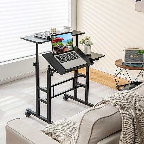 Miniatura 2 de Giantex Escritorio móvil de pie ajustable, carrito de pie con ruedas para laptop, escritorio de pie con 2 escritorios inclinables, estación de