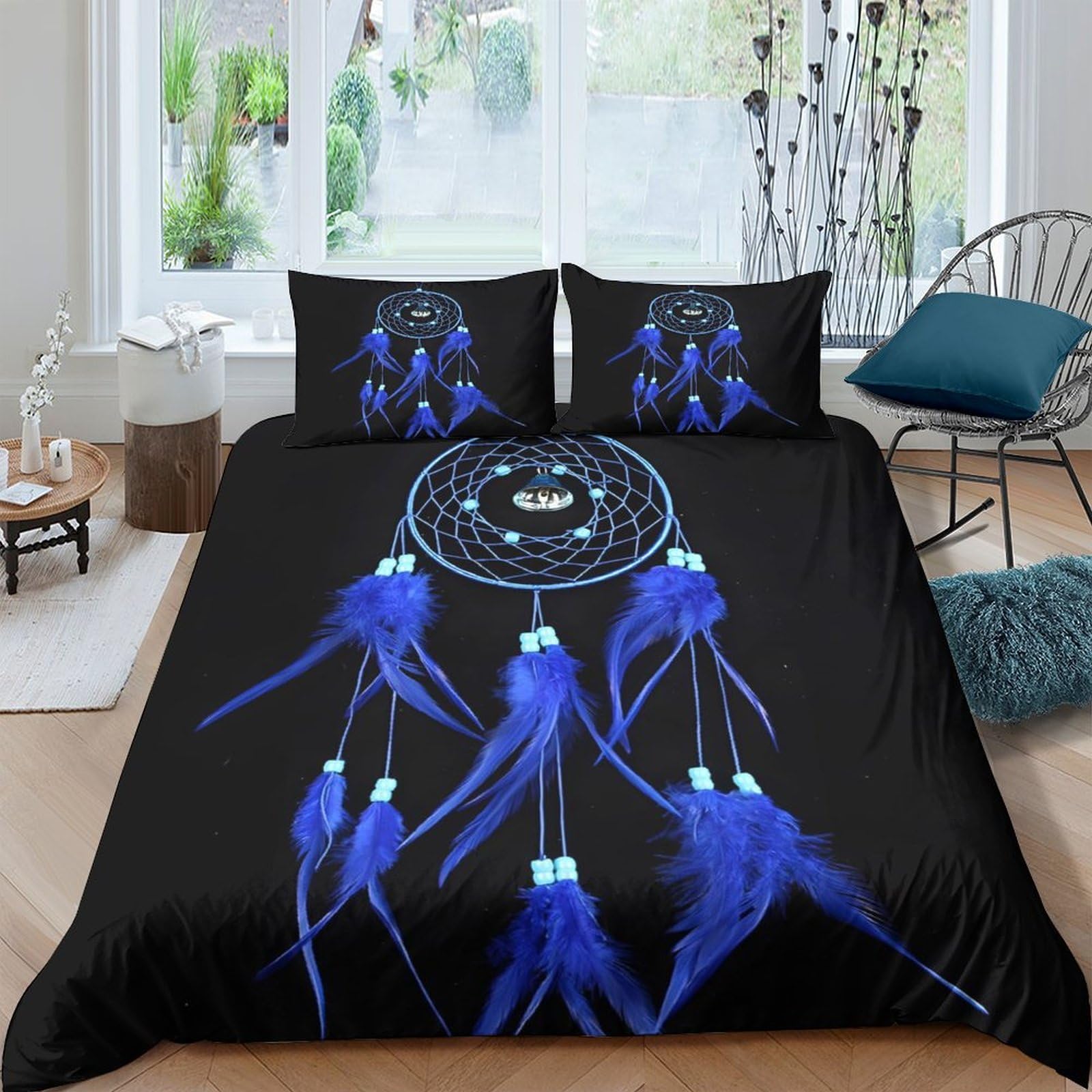 GPLZQXKJNH 3D Printed Blue Dreamcatcher Duvet Cover Microfiber Soft Breathable Feather Bedding Set with 2 Pillowcases for Bedroom Decor Single（135x200cm）