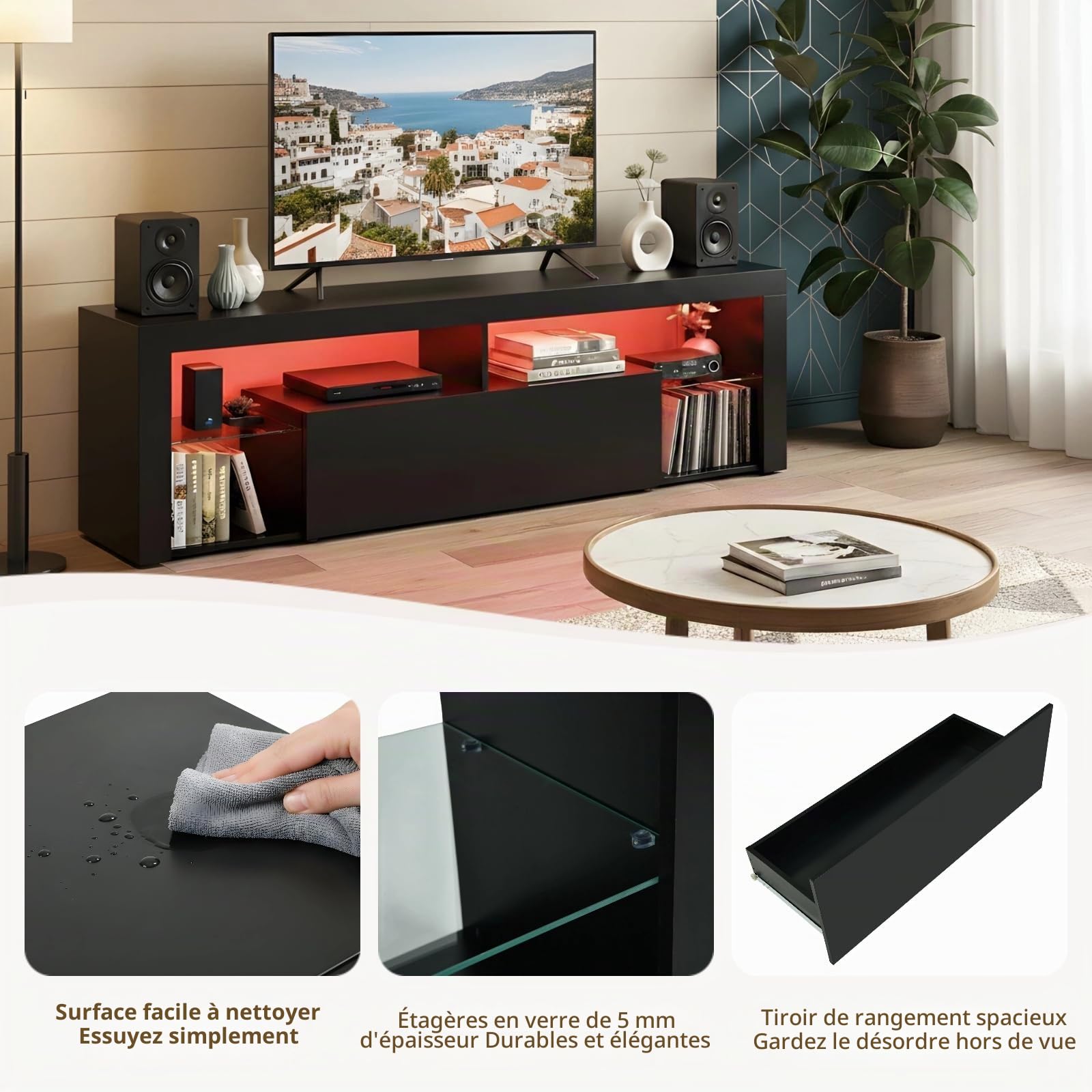 Meuble TV Noir 140cm Longueur avec Bande Lumineuse, Meuble Télé Moderne avec Étagères en Verre et Tiroir, Meuble TV Bas avec Rangement pour Salon, Chambre et Gaming (140x35x50cm)