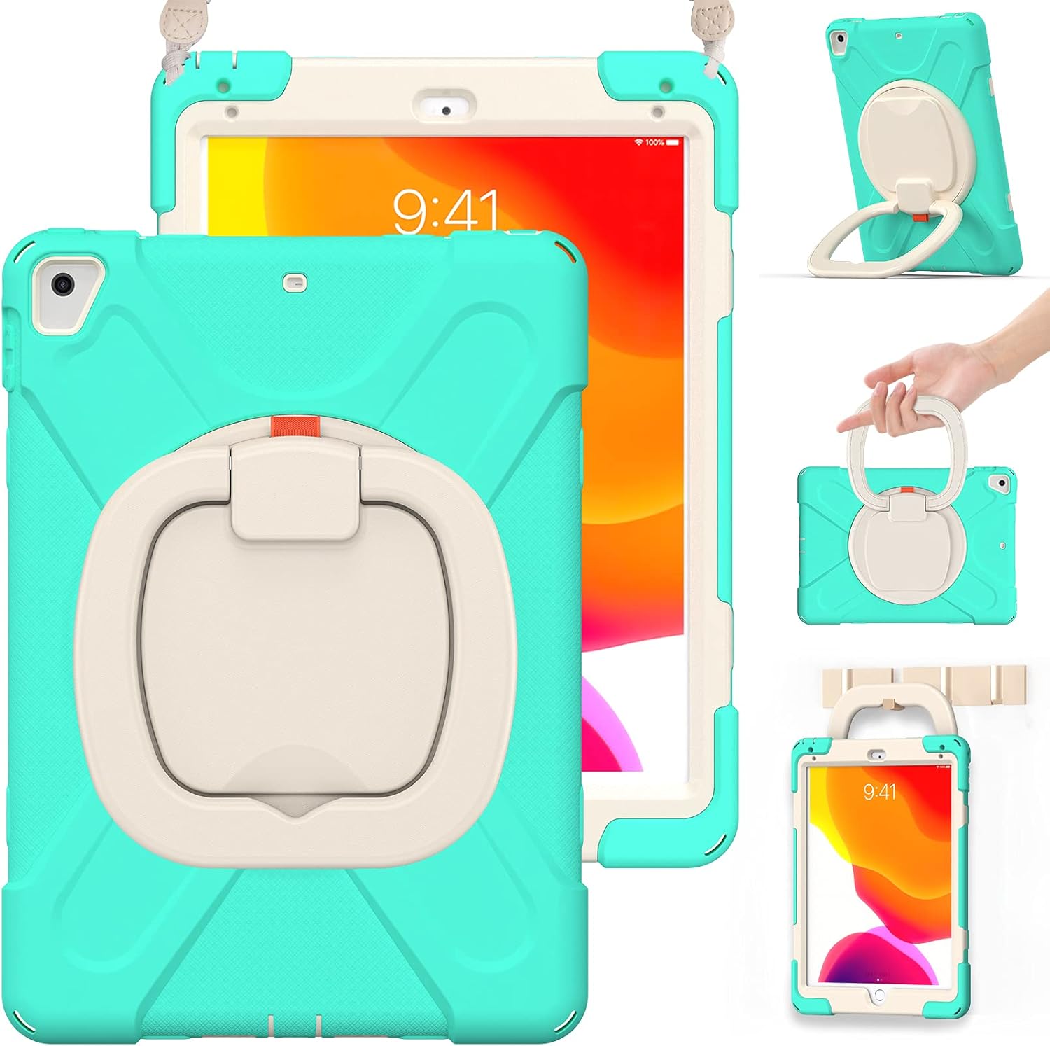 BRAECN Case for iPad 9.7”, iPad 6th/5th Generation 2018/2017, iPad Air 2, Hybrid Shockproof Rugged Drop Protection Cover with Kickstand, Pencil Holder, Carrying Strap, Hand Grip for Kids-Navy+Green