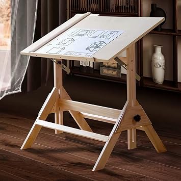 Solid Wood Drafting Table, Art Craft Table with Tiltable Tabletop, Adjustable Desktop Angle and Height, with Measuring Ruler, for Artwork, Graphic Design, Reading