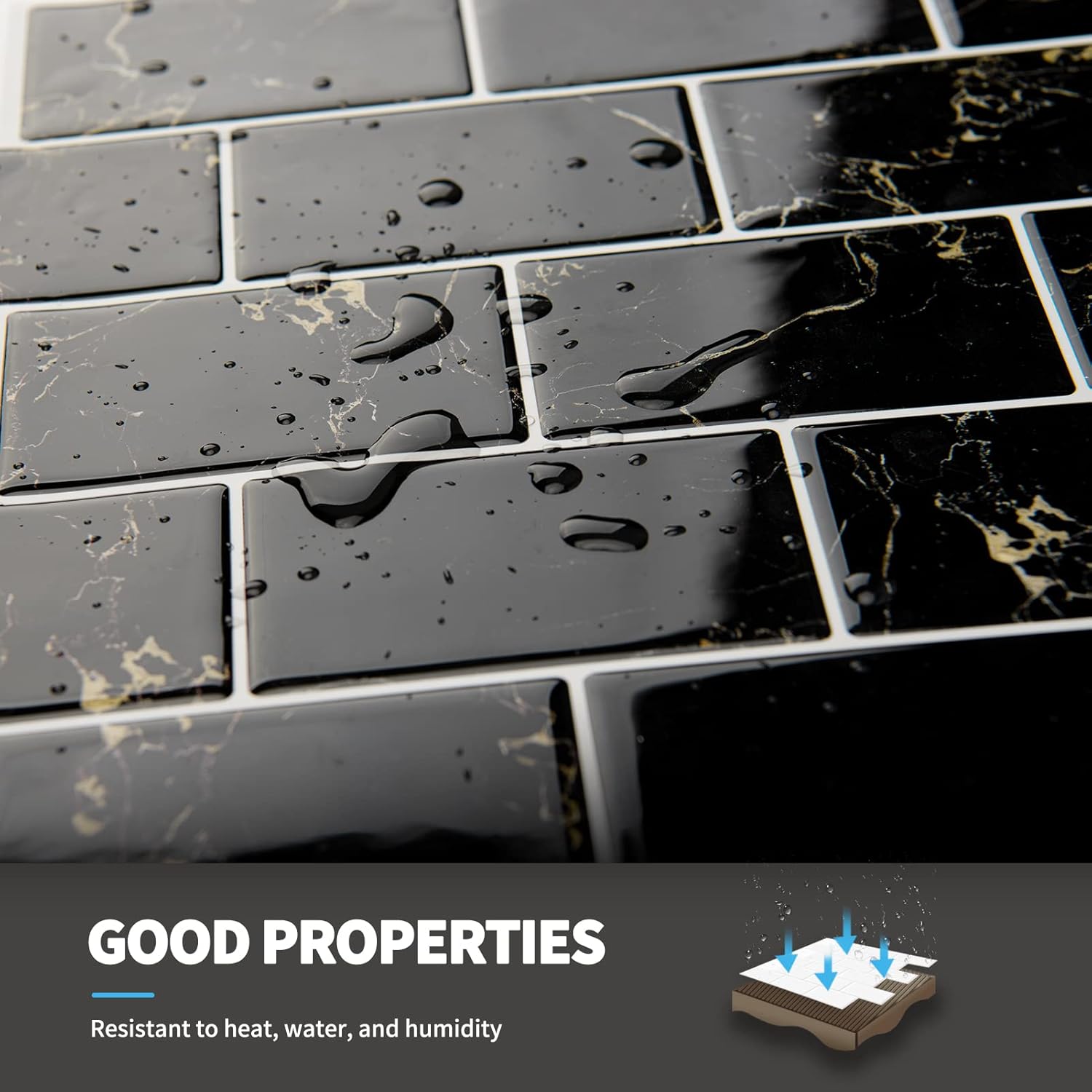 Black Marble Peel and Stick Rectangular Backsplash Tiles