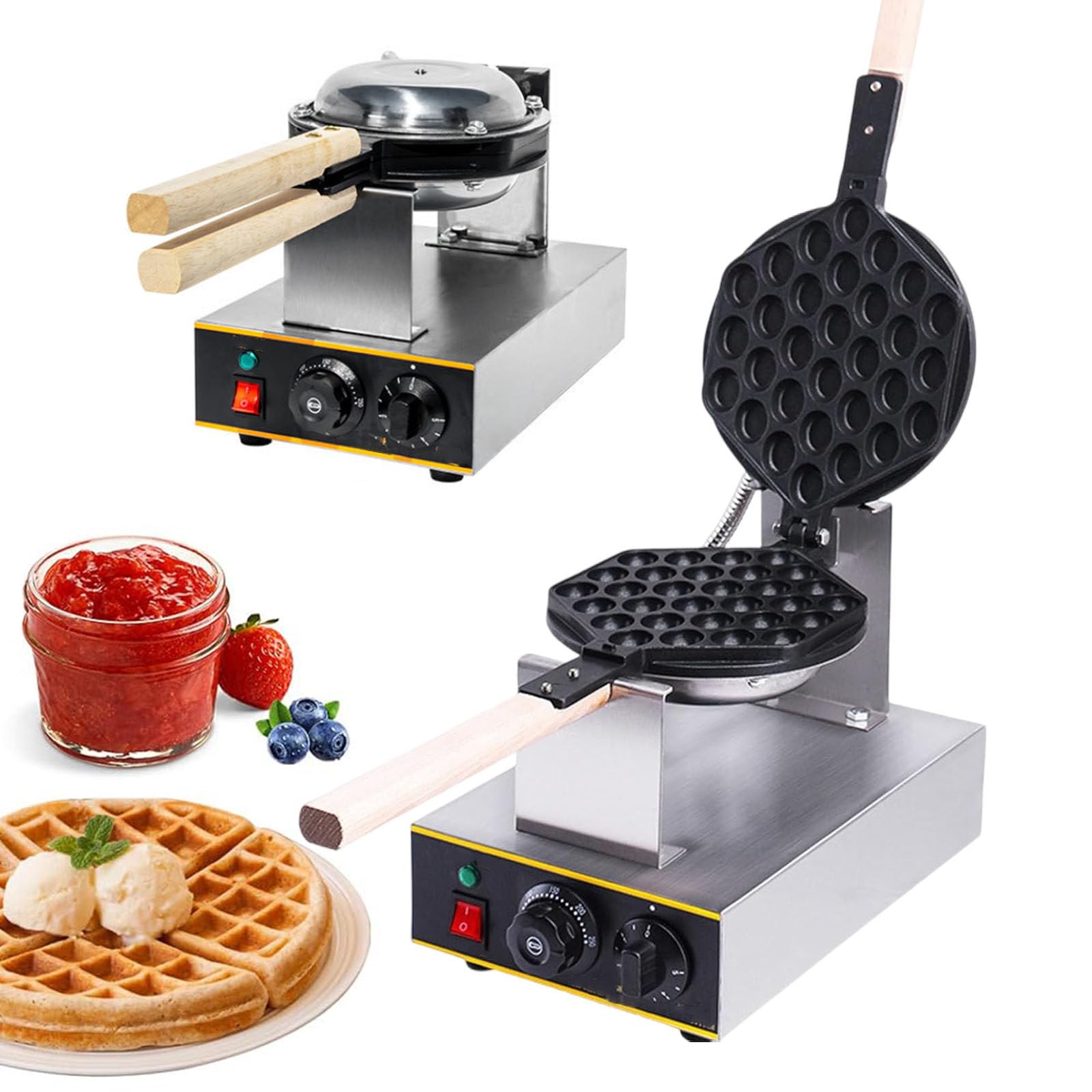 Máquina para Hacer Gofres Burbujas Comercial,Plancha Hojaldre con Burbujas Huevo 1400 W/Mango Madera Y Giratorio 180°,Panadero Acero Inoxidable,Ajustable A 50-250 ℃
