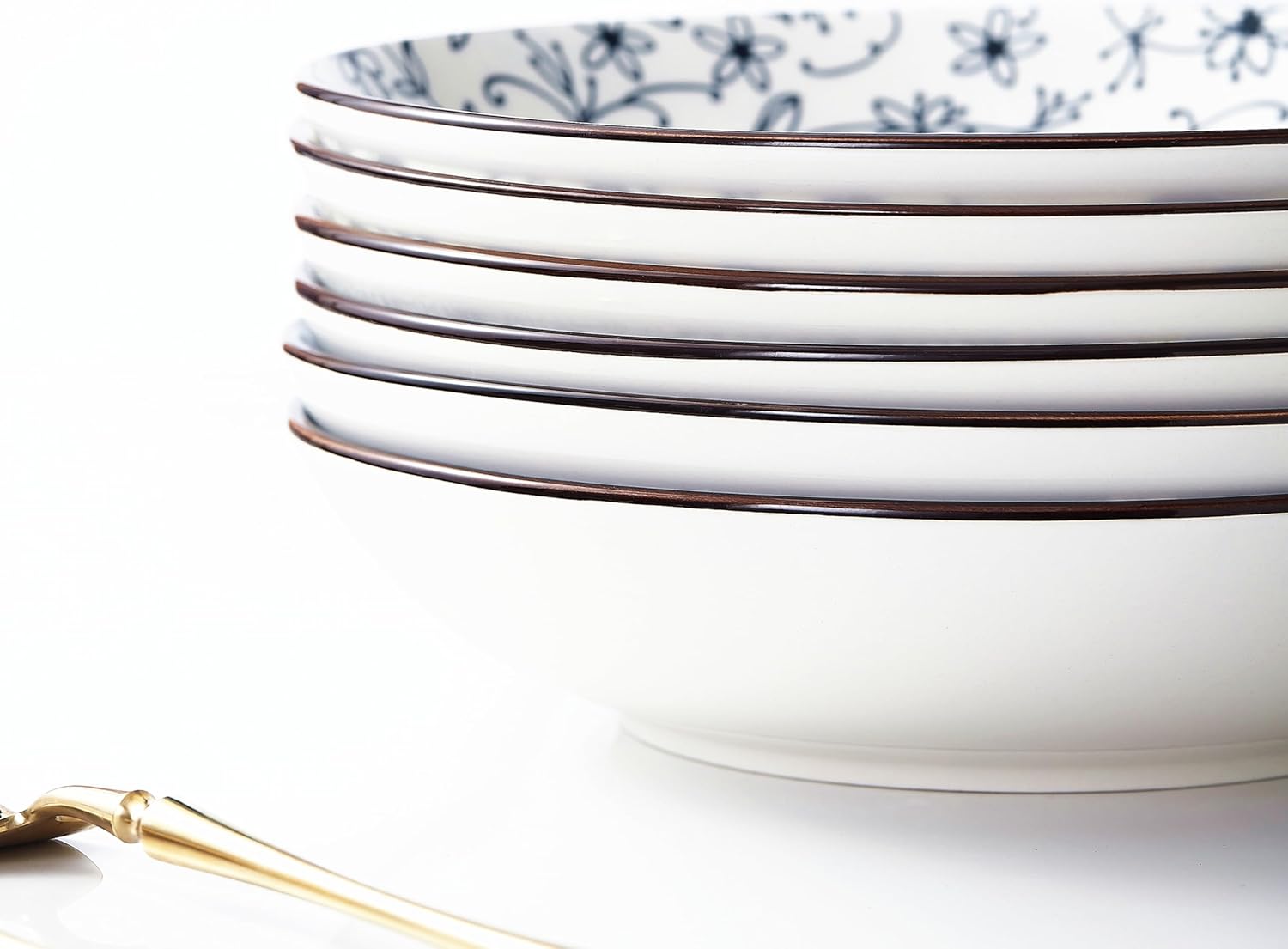 Ceramic 40oz Pasta Bowls Set of 6,9 inch Blue and White Large Salad Serving Bowl, Microwave and Oven Safe Dinner Dishes(Blue and White)